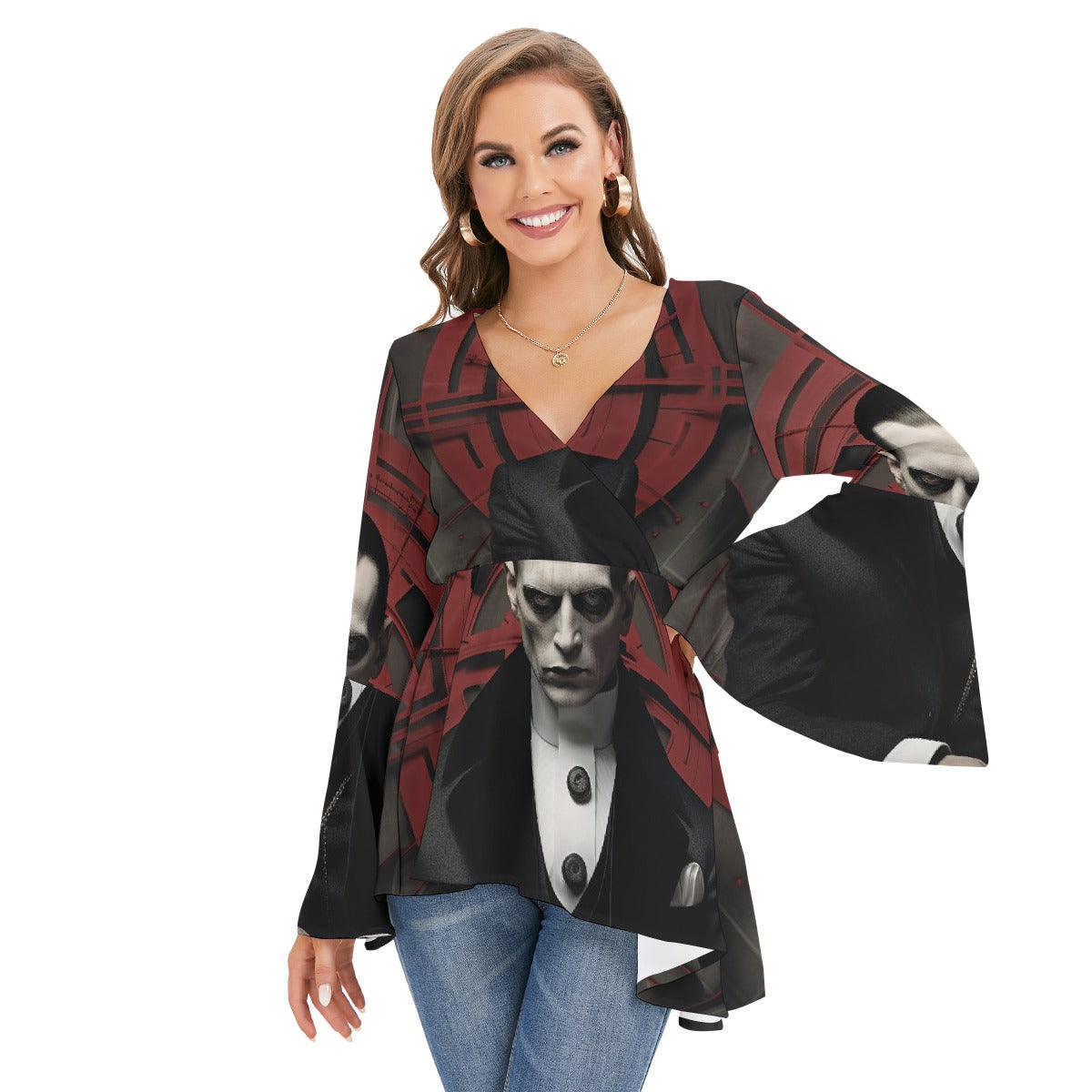 All-Over Print Women's V-neck Blouse With Flared Sleeves