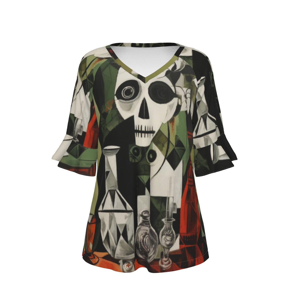 All-Over Print V-neck Women's T-shirt With Bell Sleeve