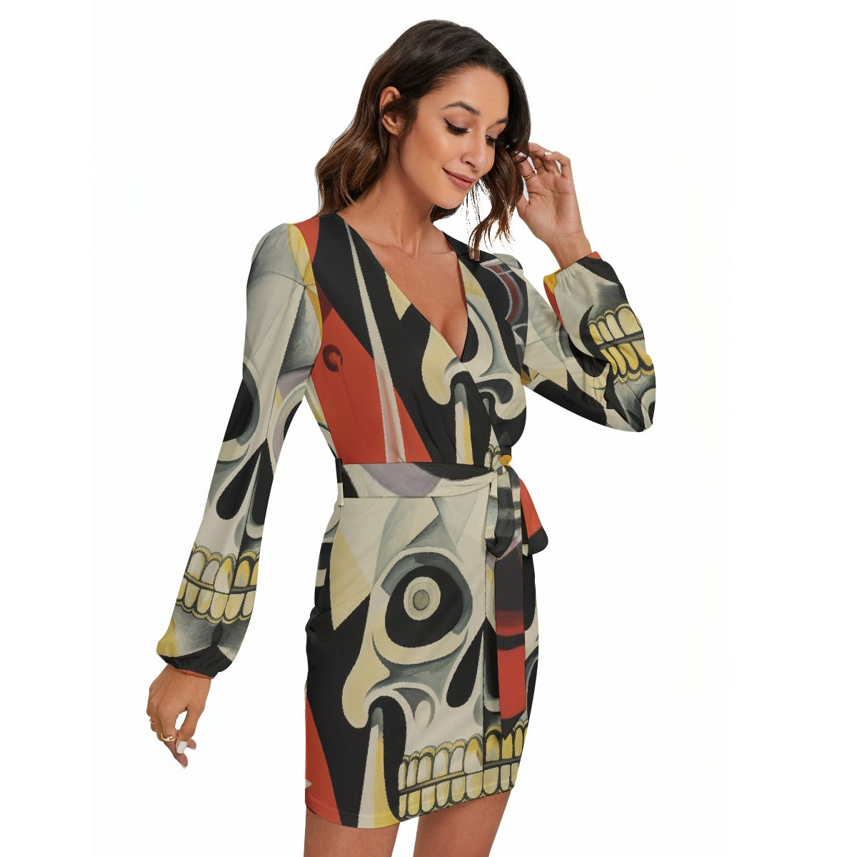 All-Over Print Women's Long Sleeve Dress With Waist Belt