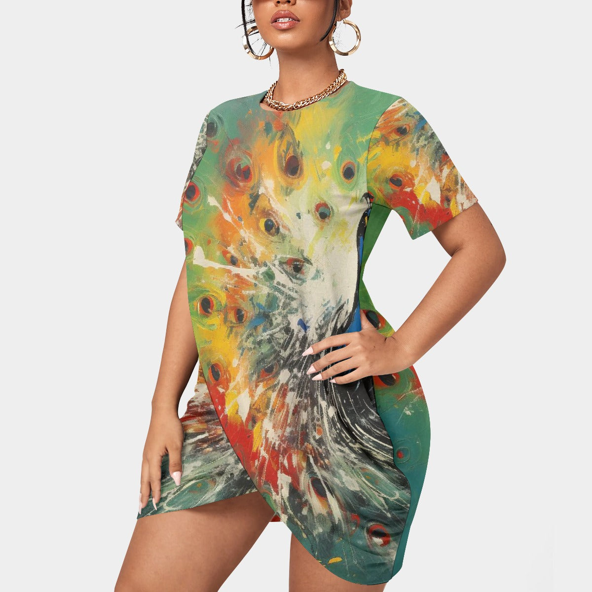 All-Over Print Women’s Stacked Hem Dress With Short Sleeve（Plus Size）