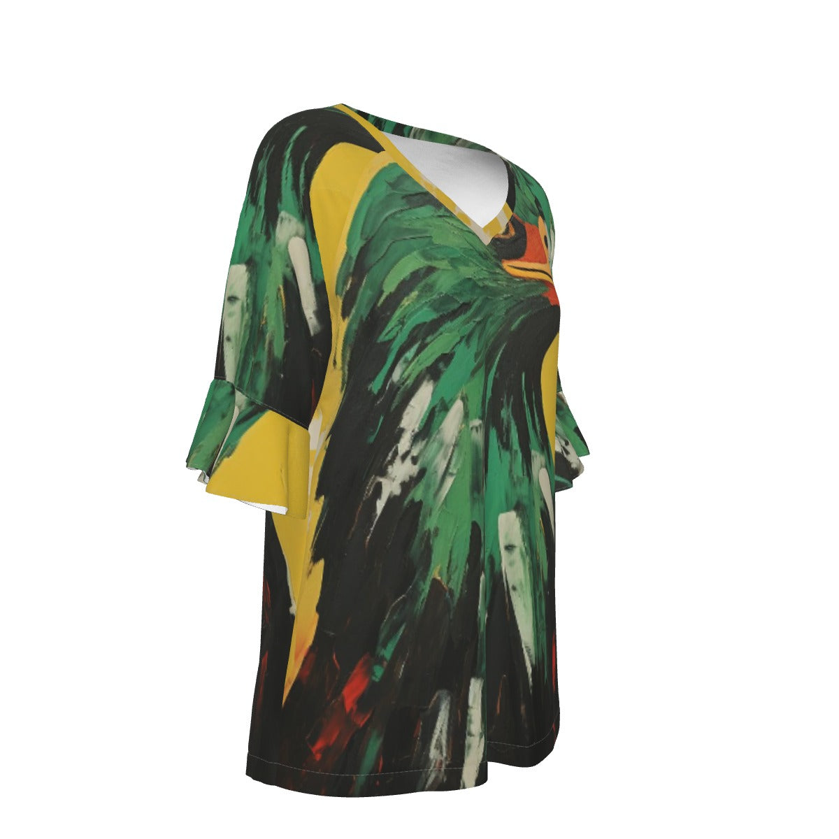 All-Over Print V-neck Women's T-shirt With Bell Sleeve