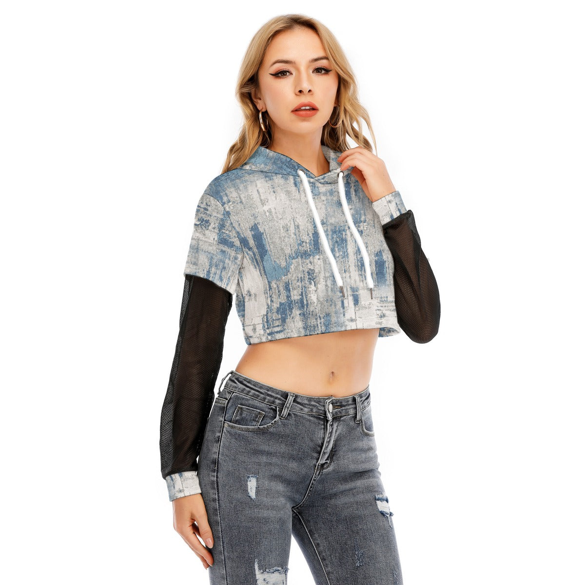 All-Over Print Women's Fake Two-piece Mesh Sleeve Cropped Hoodie