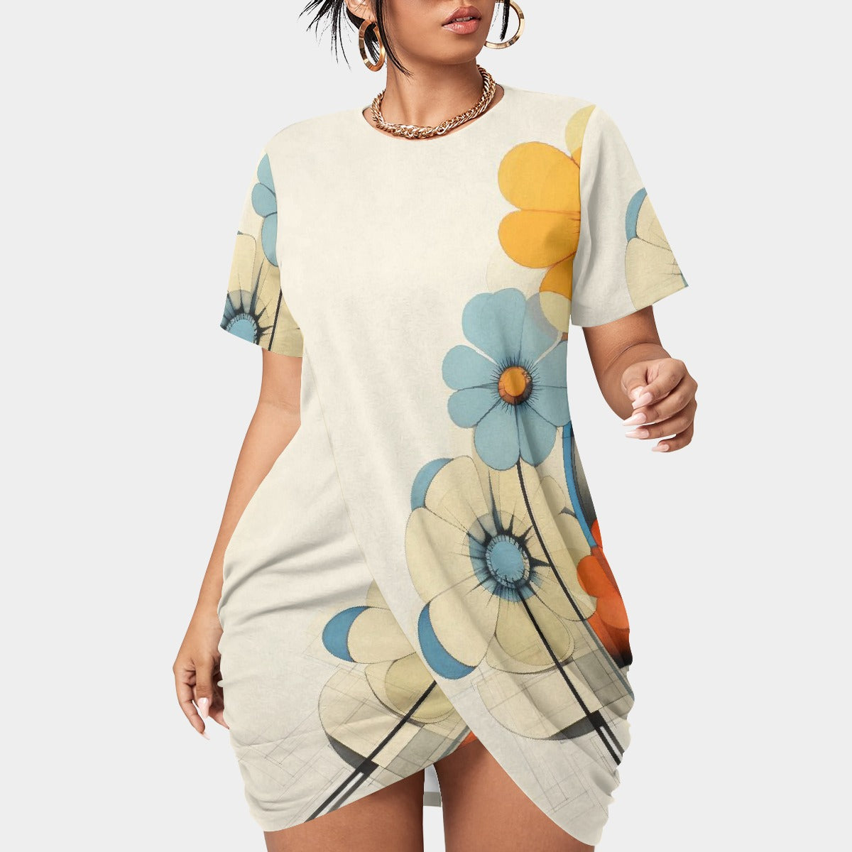 All-Over Print Women’s Stacked Hem Dress With Short Sleeve（Plus Size）