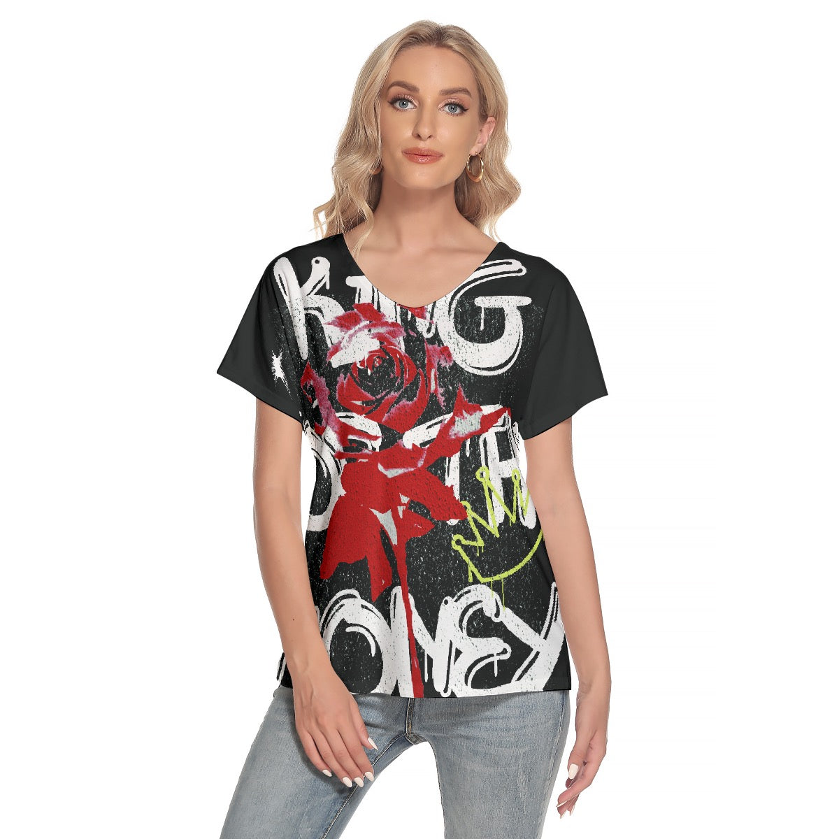 All-Over Print Women's Loose V-neck Short Sleeve T-shirt