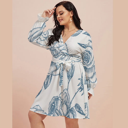 All-Over Print Women's V-neck Dress With Waistband(Plus Size)