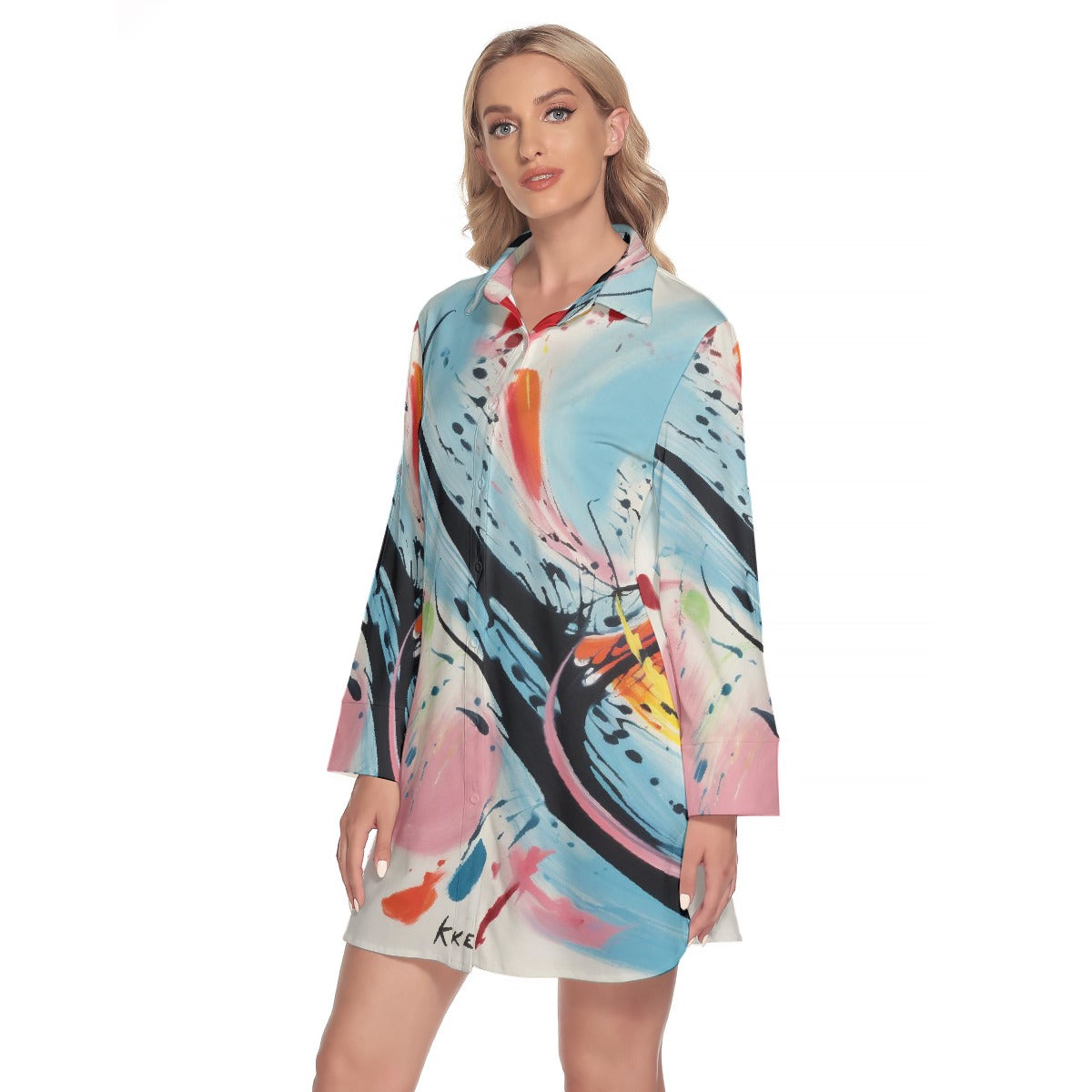 All-Over Print Women's Lapel Shirt Dress With Long Sleeve