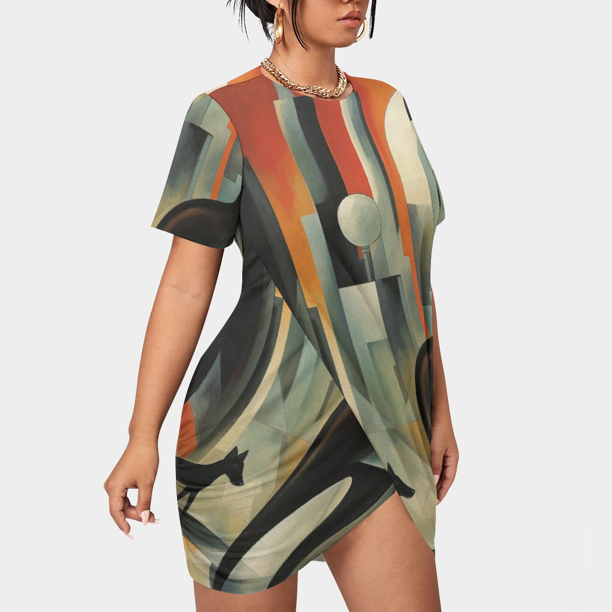 All-Over Print Women’s Stacked Hem Dress With Short Sleeve（Plus Size）