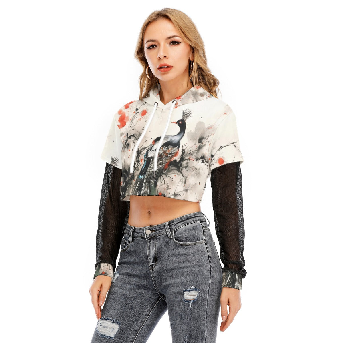 All-Over Print Women's Fake Two-piece Mesh Sleeve Cropped Hoodie