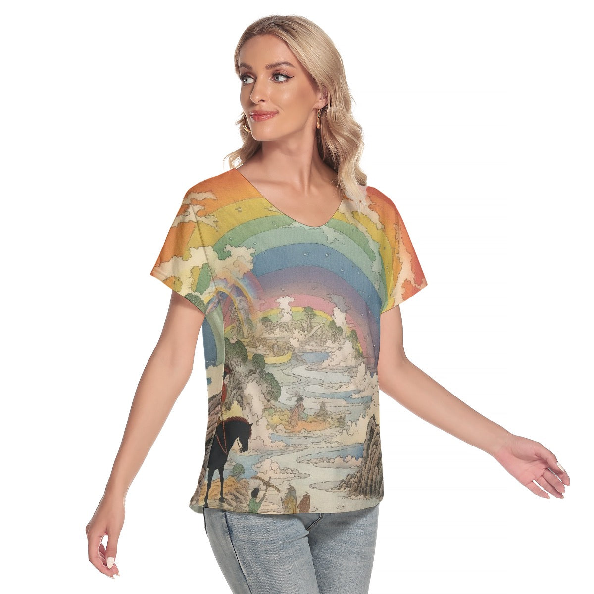 All-Over Print Women's Loose V-neck Short Sleeve T-shirt