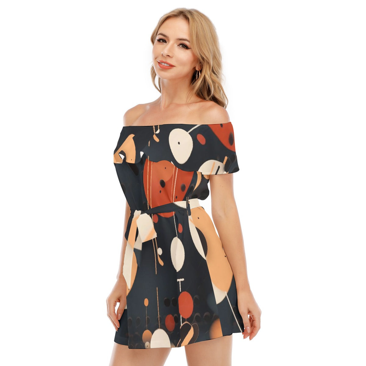 All-Over Print Women's Off-shoulder Dress With Ruffle