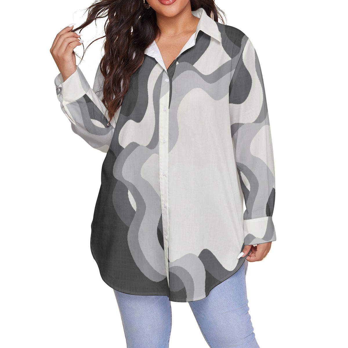 All-Over Print Women's Shirt With Long Sleeve(Plus Size)