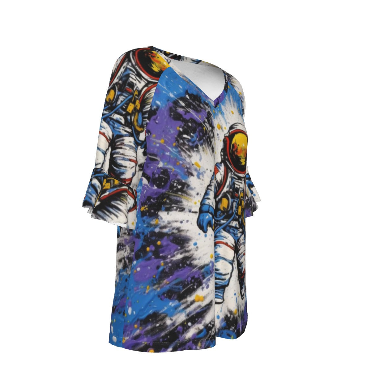 All-Over Print V-neck Women's T-shirt With Bell Sleeve