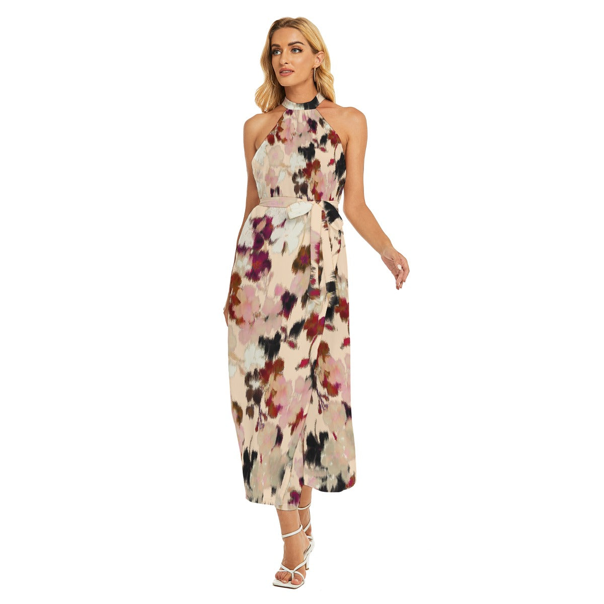 All-Over Print Women's Wrap Hem Belted Halter Dress