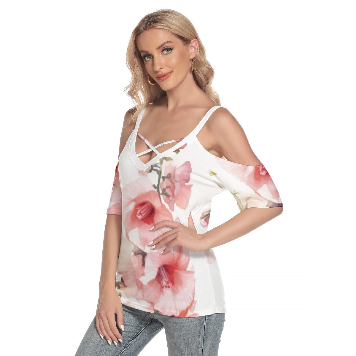 All-Over Print Women's Cold Shoulder T-shirt With Criss Cross Strips