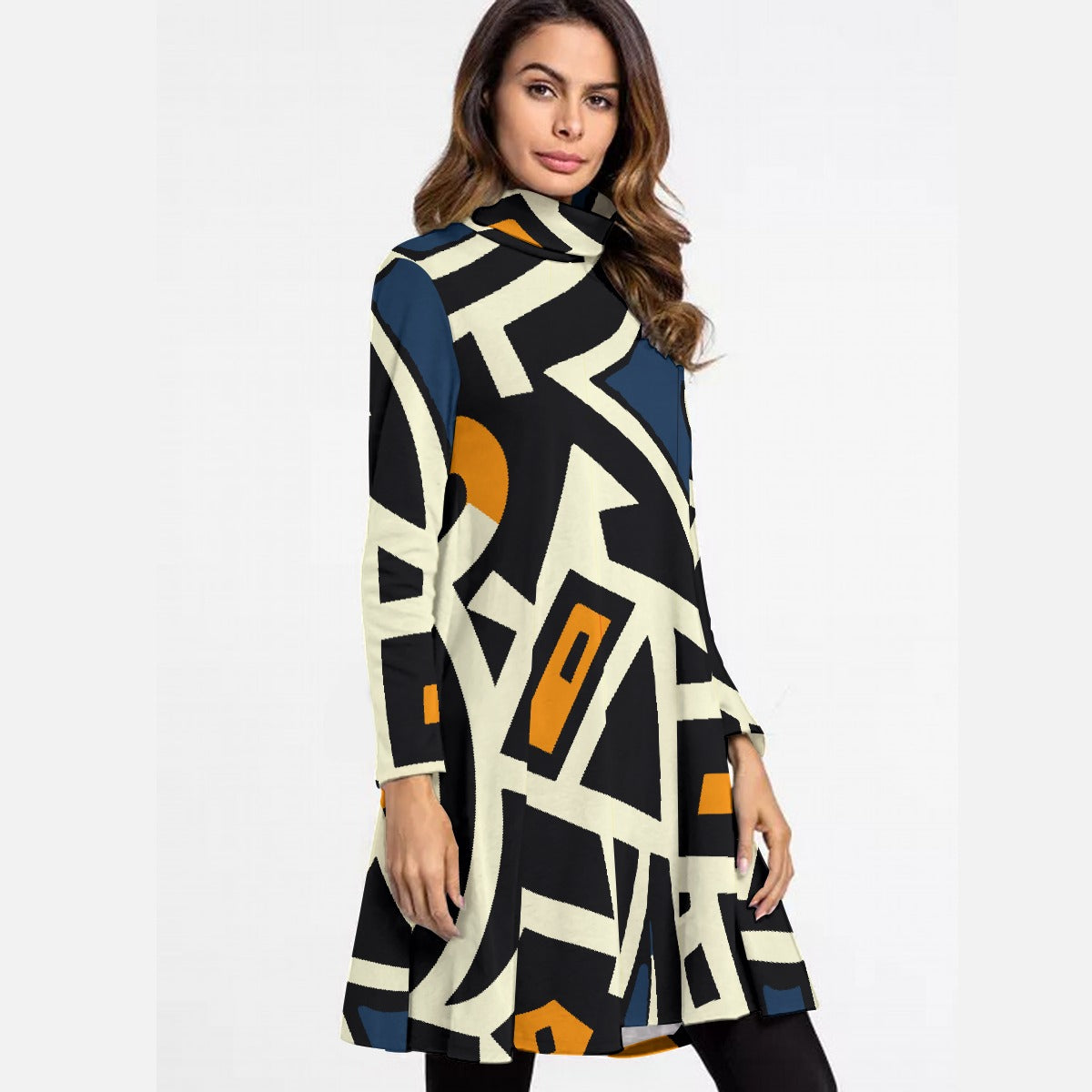 All-Over Print Women's High Neck Dress With Long Sleeve