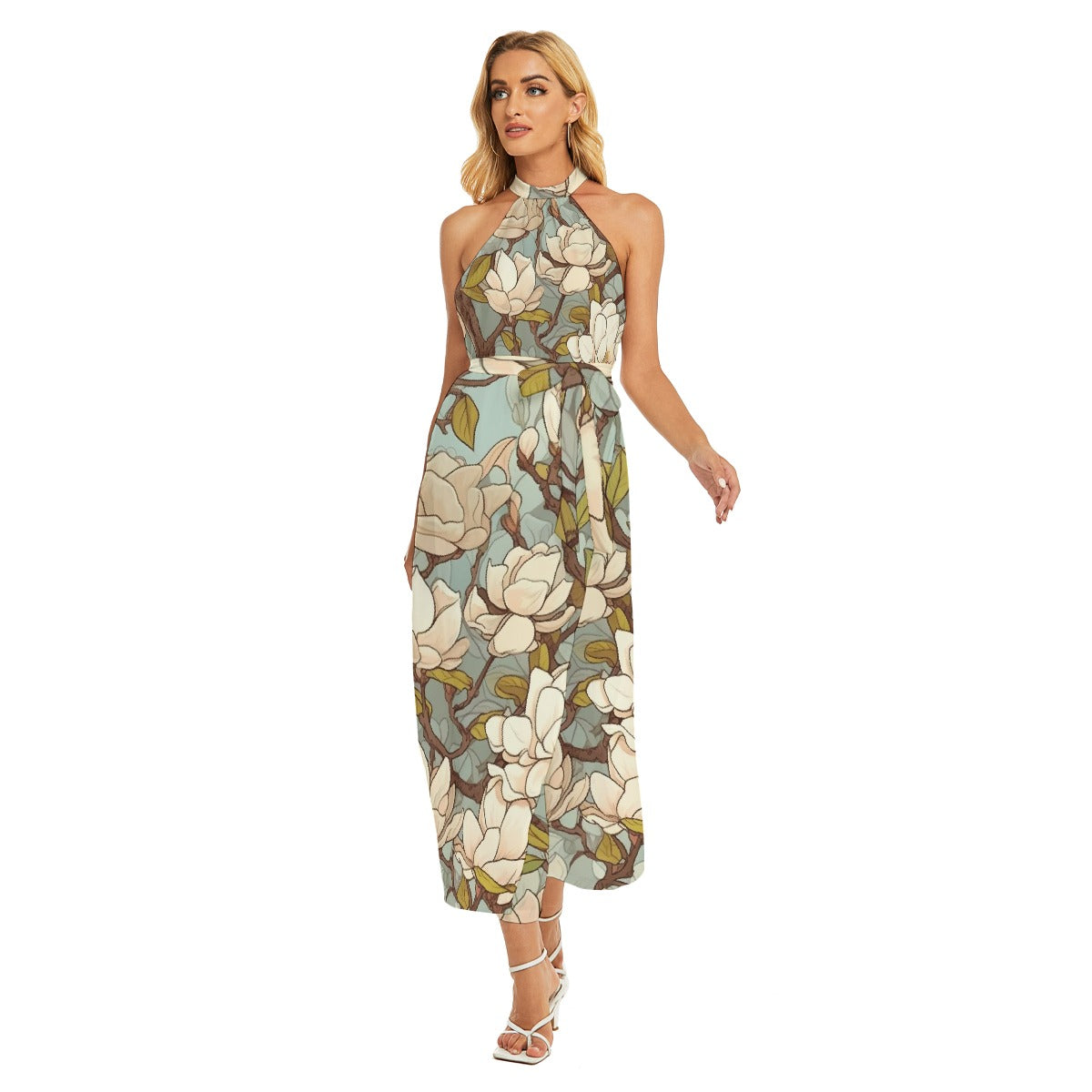 All-Over Print Women's Wrap Hem Belted Halter Dress