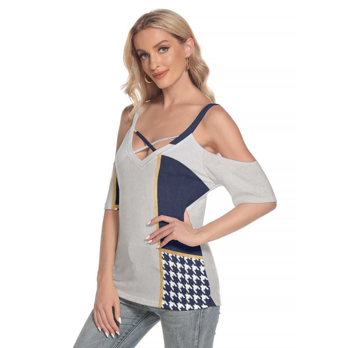 All-Over Print Women's Cold Shoulder T-shirt With Criss Cross Strips