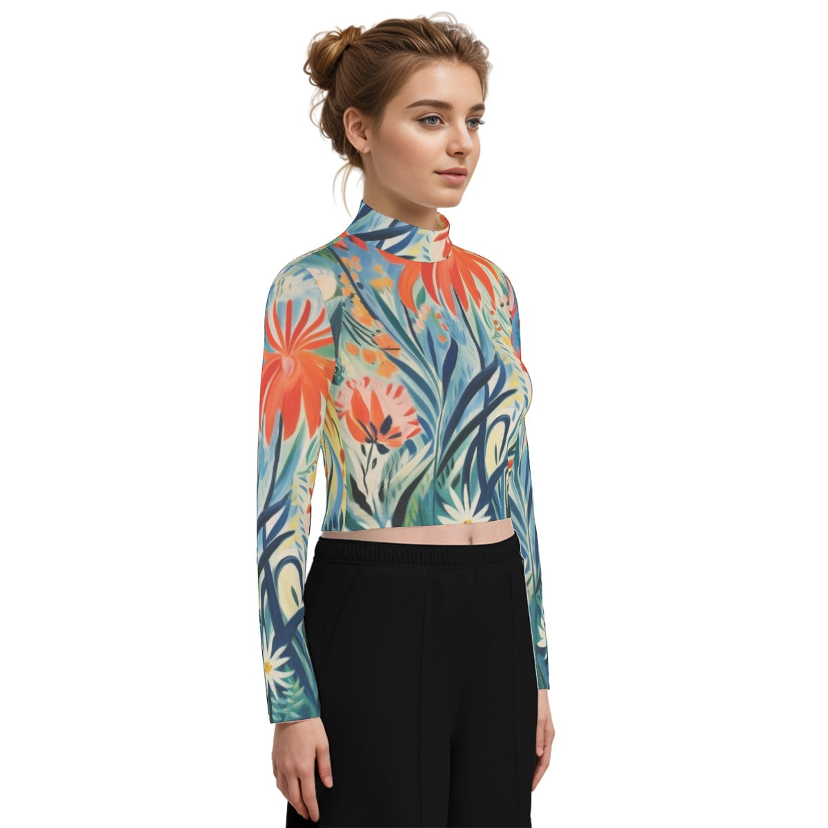 Eco-Friendly All-Over Print Women's Turtleneck T-shirt With Long Sleeve