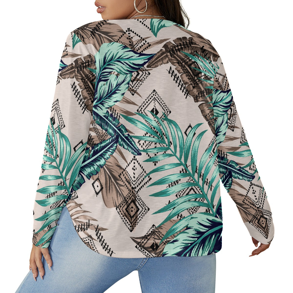 All-Over Print Women's V-neck T-shirt With Curved Hem(Plus Size)