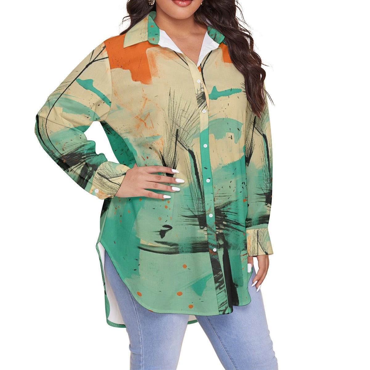 All-Over Print Women's Shirt With Long Sleeve(Plus Size)