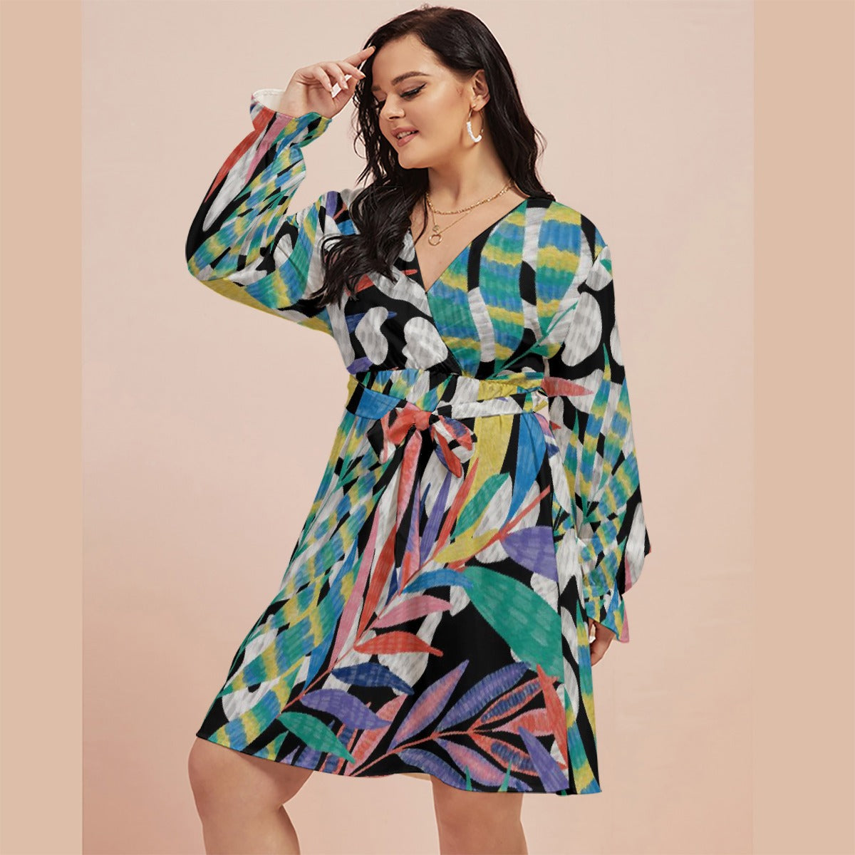 All-Over Print Women's V-neck Dress With Waistband(Plus Size)