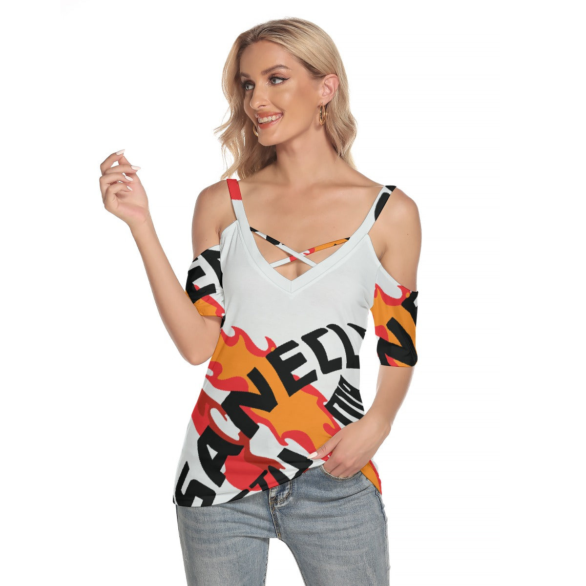 All-Over Print Women's Cold Shoulder T-shirt With Criss Cross Strips