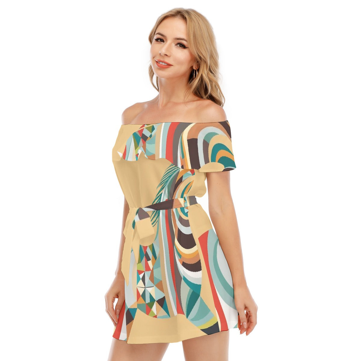 All-Over Print Women's Off-shoulder Dress With Ruffle