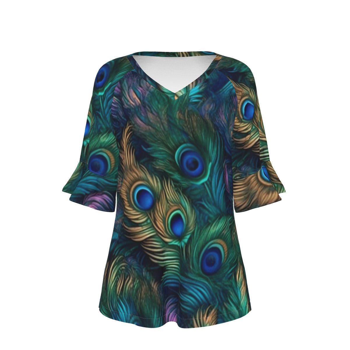 All-Over Print V-neck Women's T-shirt With Bell Sleeve