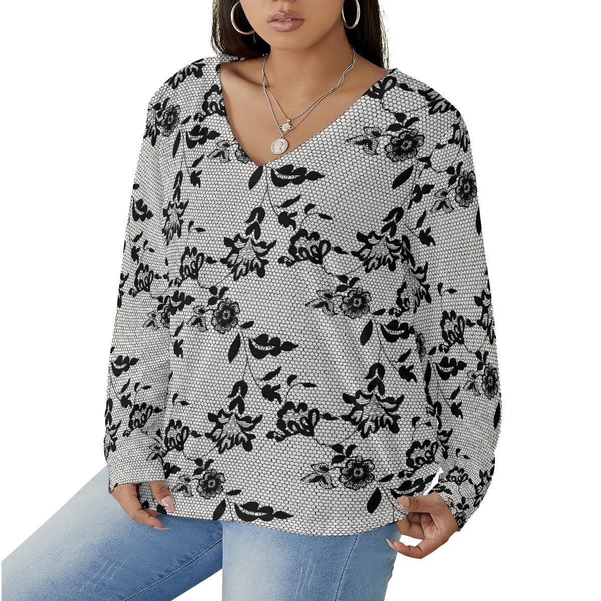 All-Over Print Women's V-neck T-shirt With Curved Hem(Plus Size)