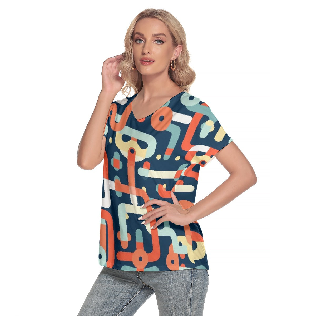 All-Over Print Women's Loose V-neck Short Sleeve T-shirt