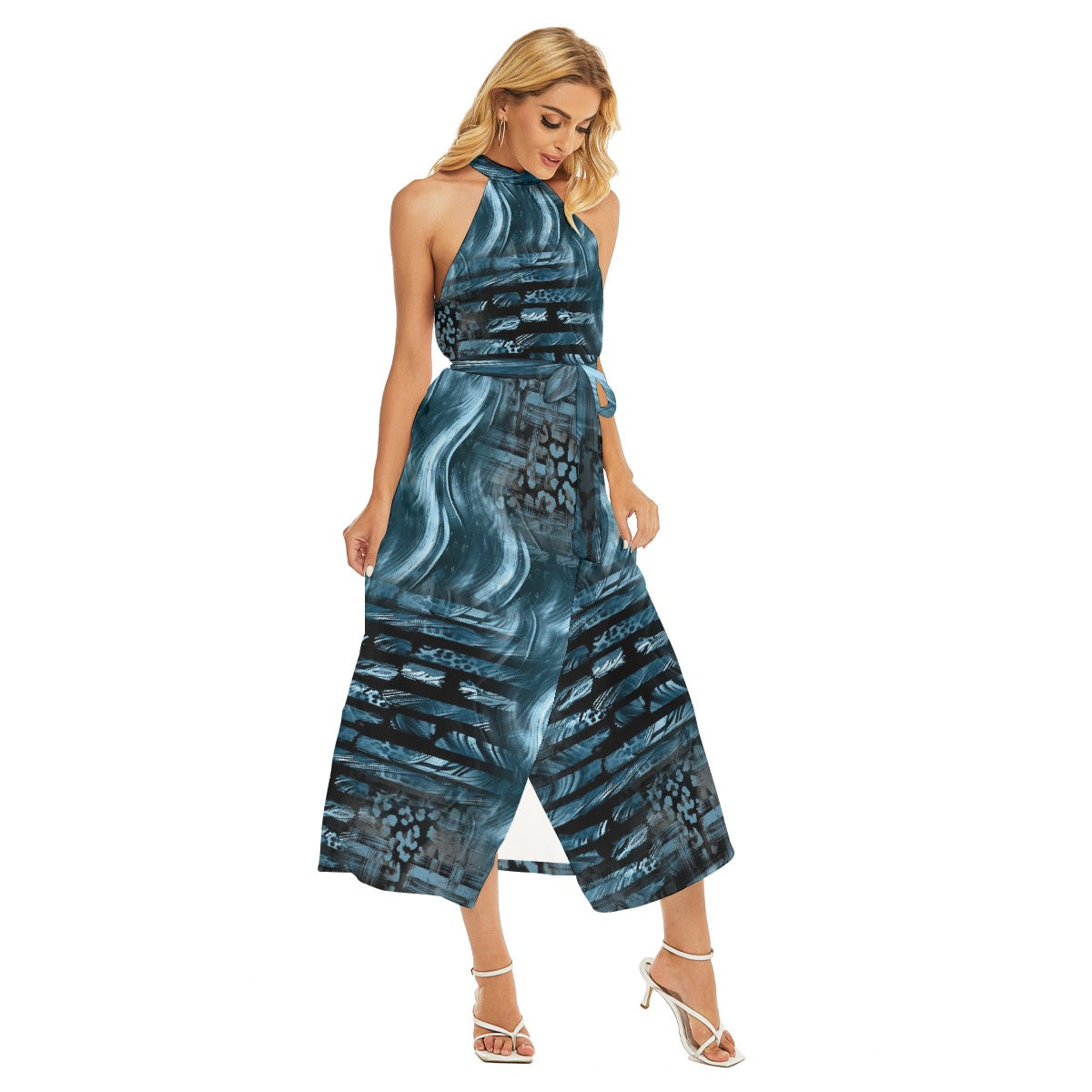 All-Over Print Women's Wrap Hem Belted Halter Dress