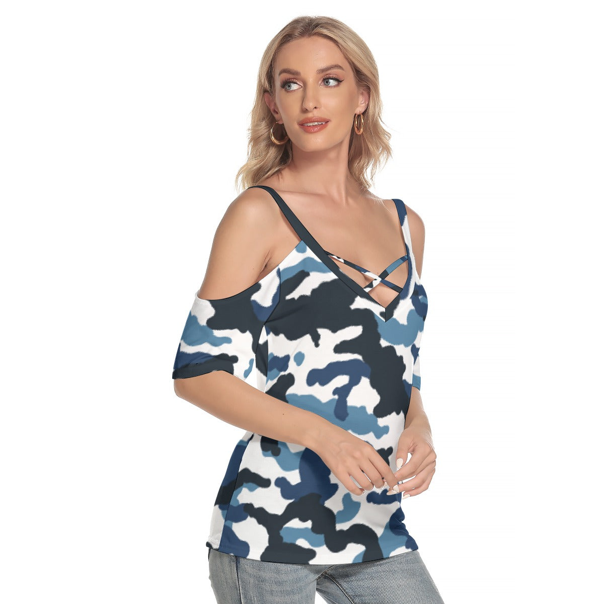 All-Over Print Women's Cold Shoulder T-shirt With Criss Cross Strips