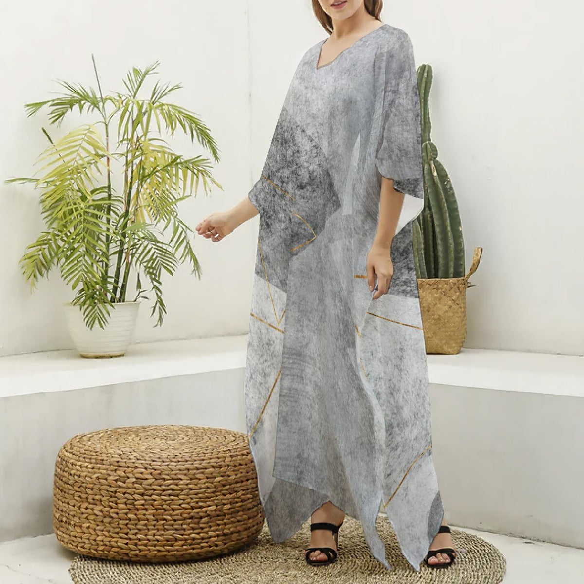 All-Over Print Women's Imitation Silk V-neck Kaftan Robe