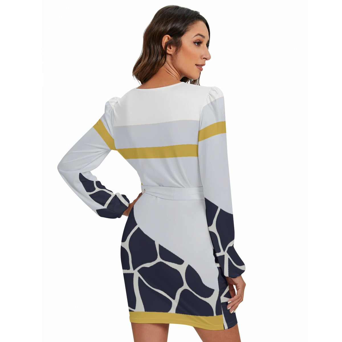 All-Over Print Women's Long Sleeve Dress With Waist Belt