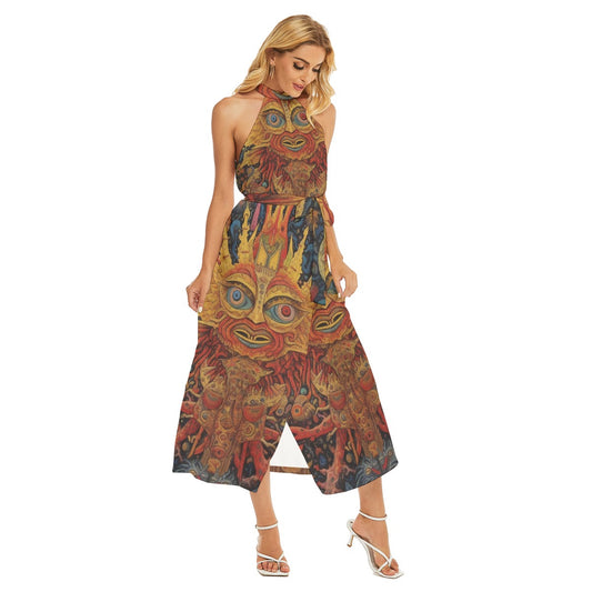 All-Over Print Women's Wrap Hem Belted Halter Dress