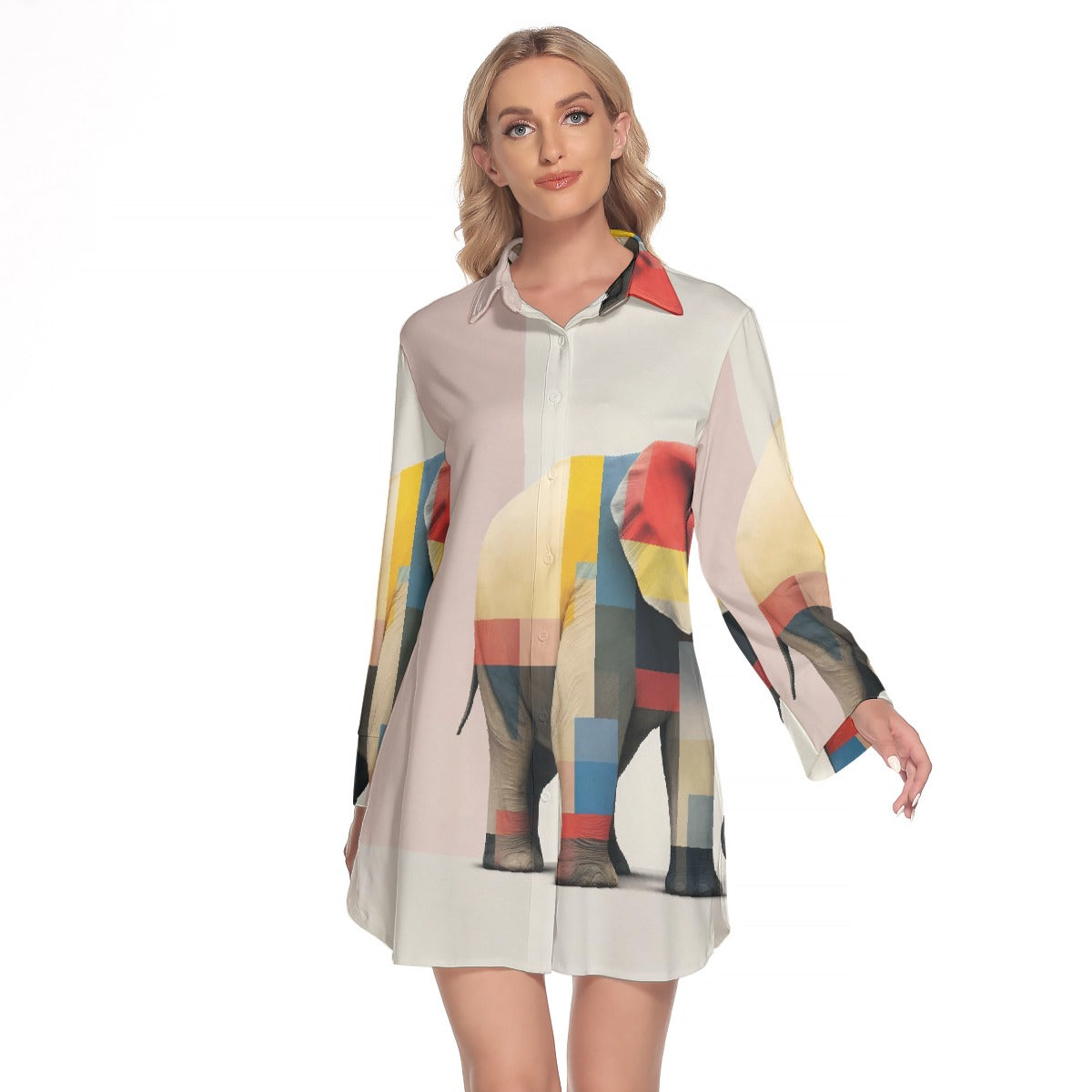 All-Over Print Women's Lapel Shirt Dress With Long Sleeve