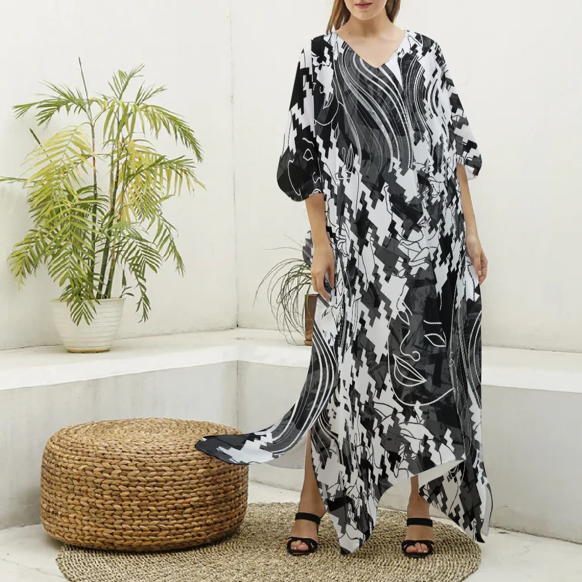 All-Over Print Women's Imitation Silk V-neck Kaftan Robe