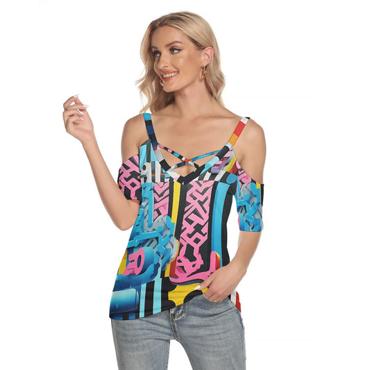 All-Over Print Women's Cold Shoulder T-shirt With Criss Cross Strips