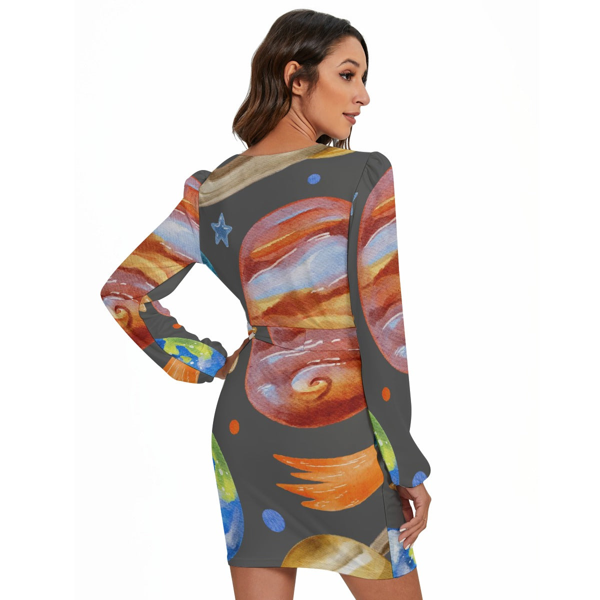 All-Over Print Women's Long Sleeve Dress With Waist Belt