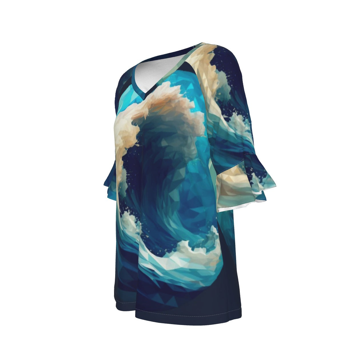 All-Over Print V-neck Women's T-shirt With Bell Sleeve