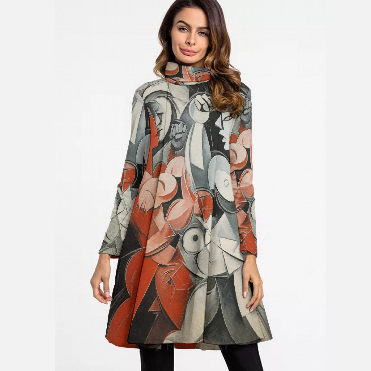 All-Over Print Women's High Neck Dress With Long Sleeve