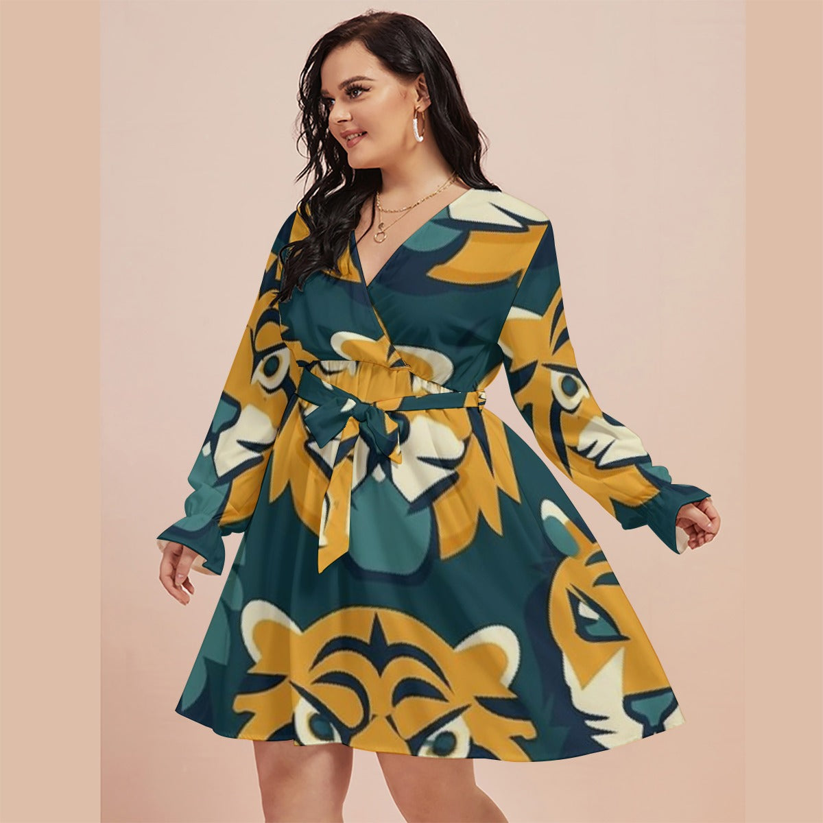 All-Over Print Women's V-neck Dress With Waistband(Plus Size)