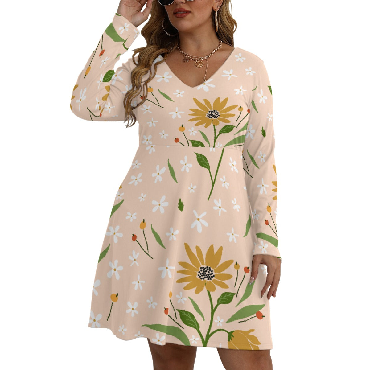 All-Over Print Women's V-neck Long Sleeve Dress(Plus Size)