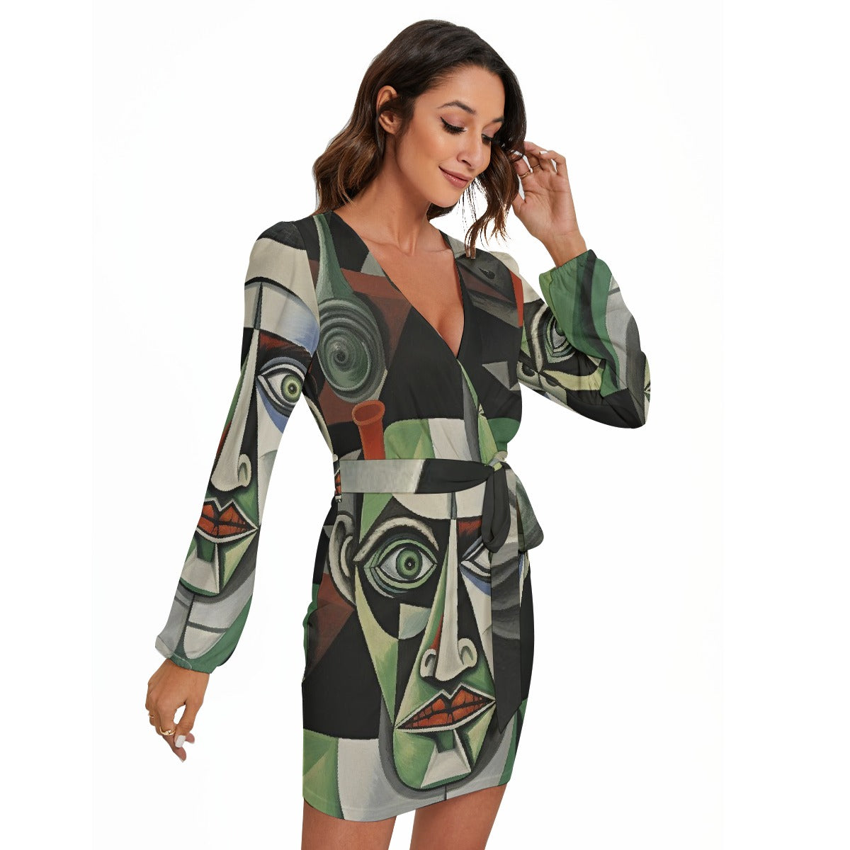 All-Over Print Women's Long Sleeve Dress With Waist Belt