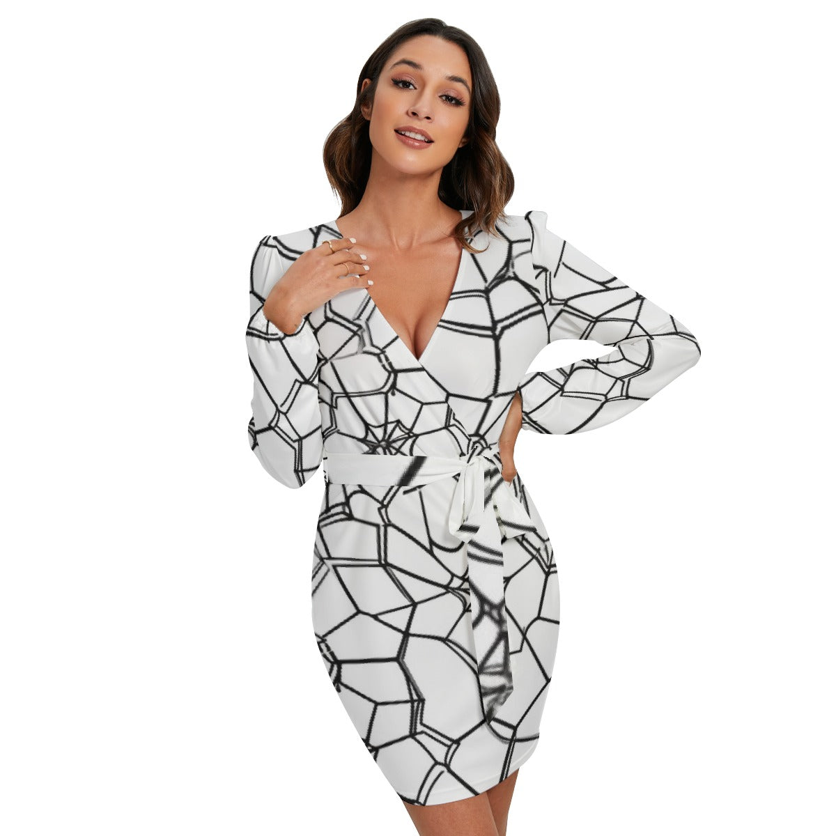 All-Over Print Women's Long Sleeve Dress With Waist Belt