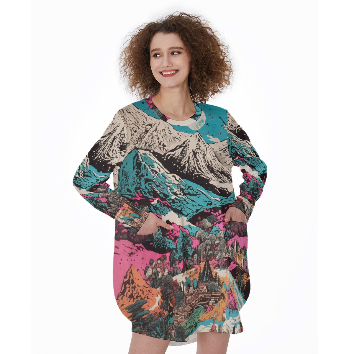 All-Over Print Women's Casual Loose Long Sleeve Dress With Pocket