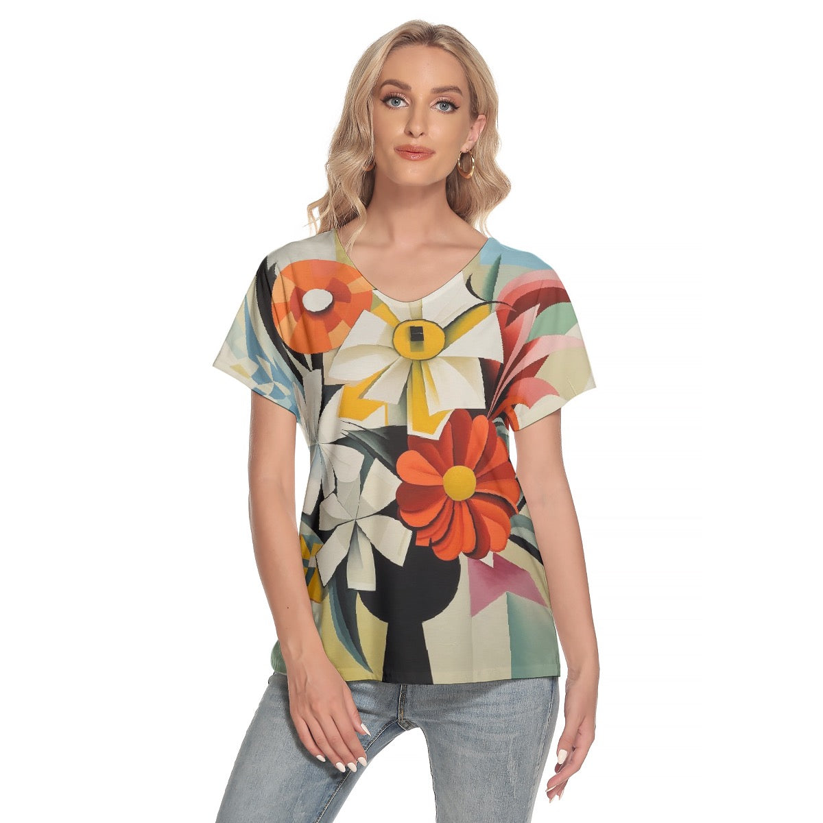 All-Over Print Women's Loose V-neck Short Sleeve T-shirt