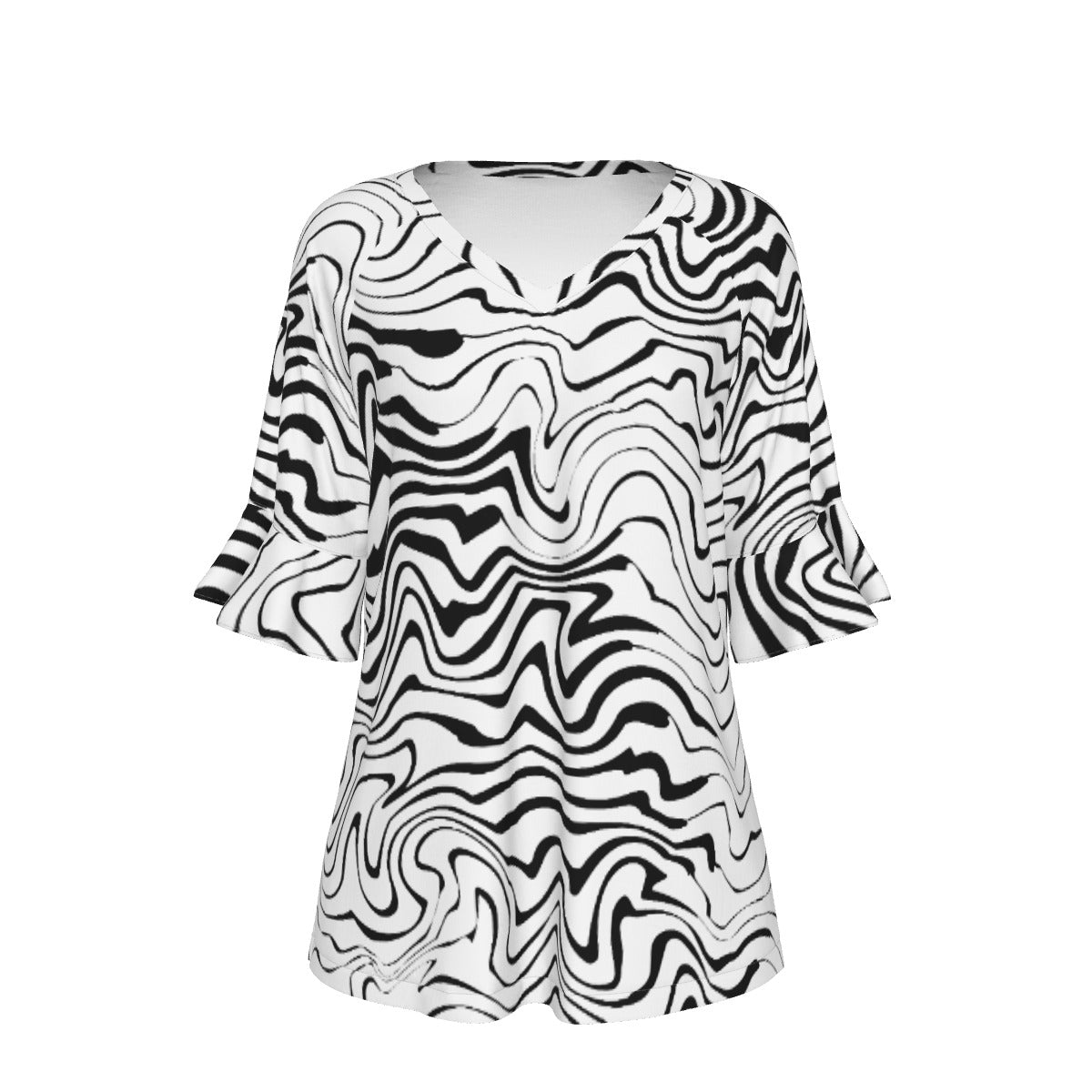 All-Over Print V-neck Women's T-shirt With Bell Sleeve