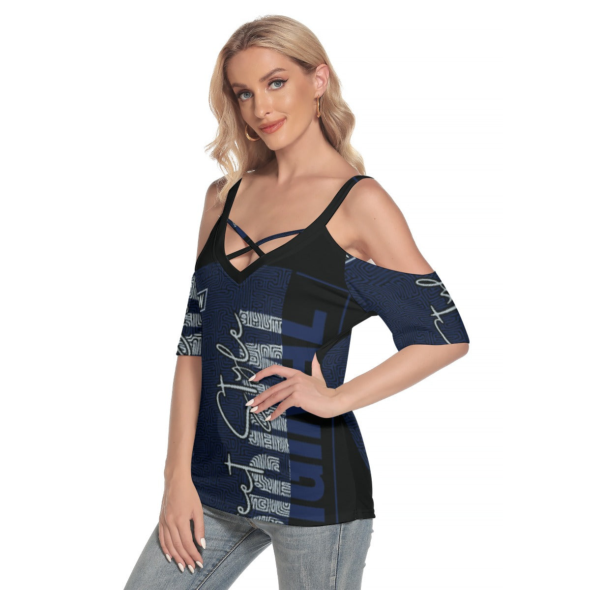 All-Over Print Women's Cold Shoulder T-shirt With Criss Cross Strips