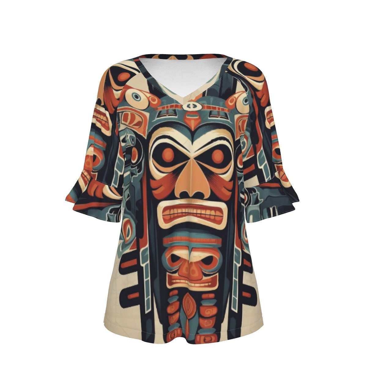 All-Over Print V-neck Women's T-shirt With Bell Sleeve